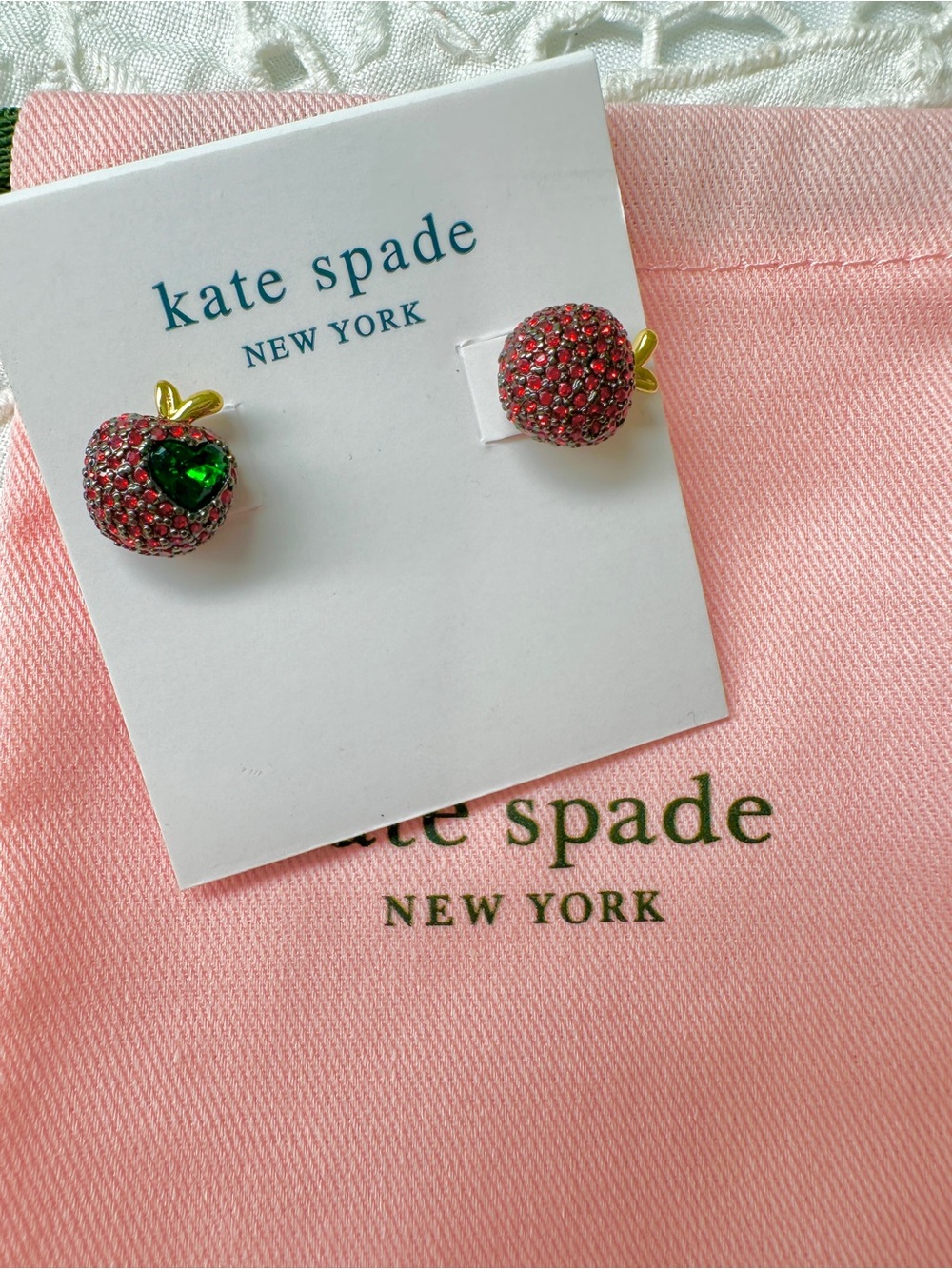 kate spade Pink Red Crystal Apple Stud Earrings with Green Stone Accent